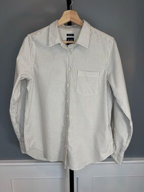 Gap Perfect Shirt Striped Button Down Tan White 100% Cotton Blouse M